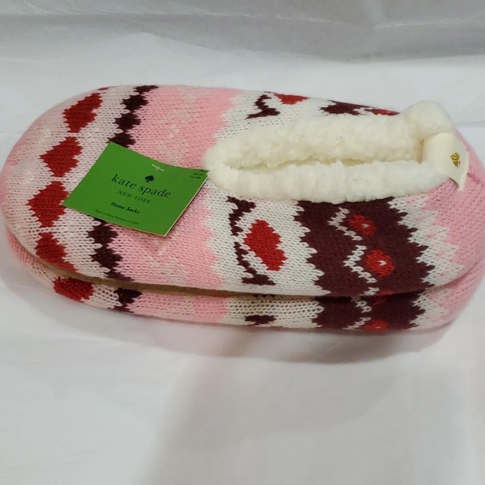 Kate Spade pink red argyle look shearling lined footlet house home socks‎ new OS